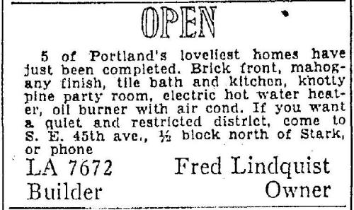 Advertisement for Lindquist built homes from the Oregonian, June 2, 1940.  The Lindquists built homes in several Portland neighborhoods.